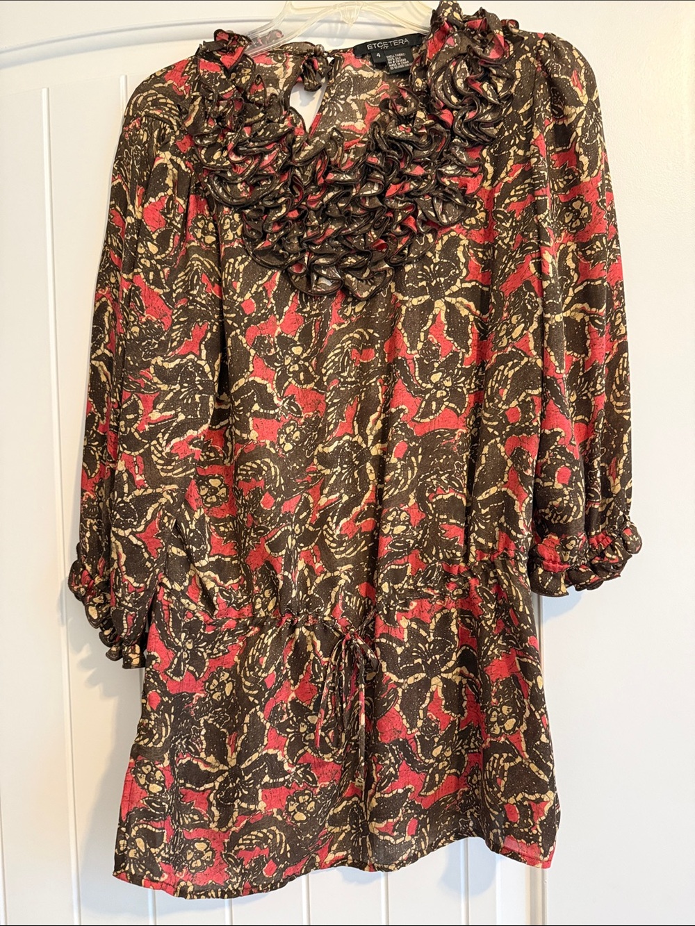 Etcetera Brown, Red & Cream Floral Ruffle-Neck Long Sleeve top